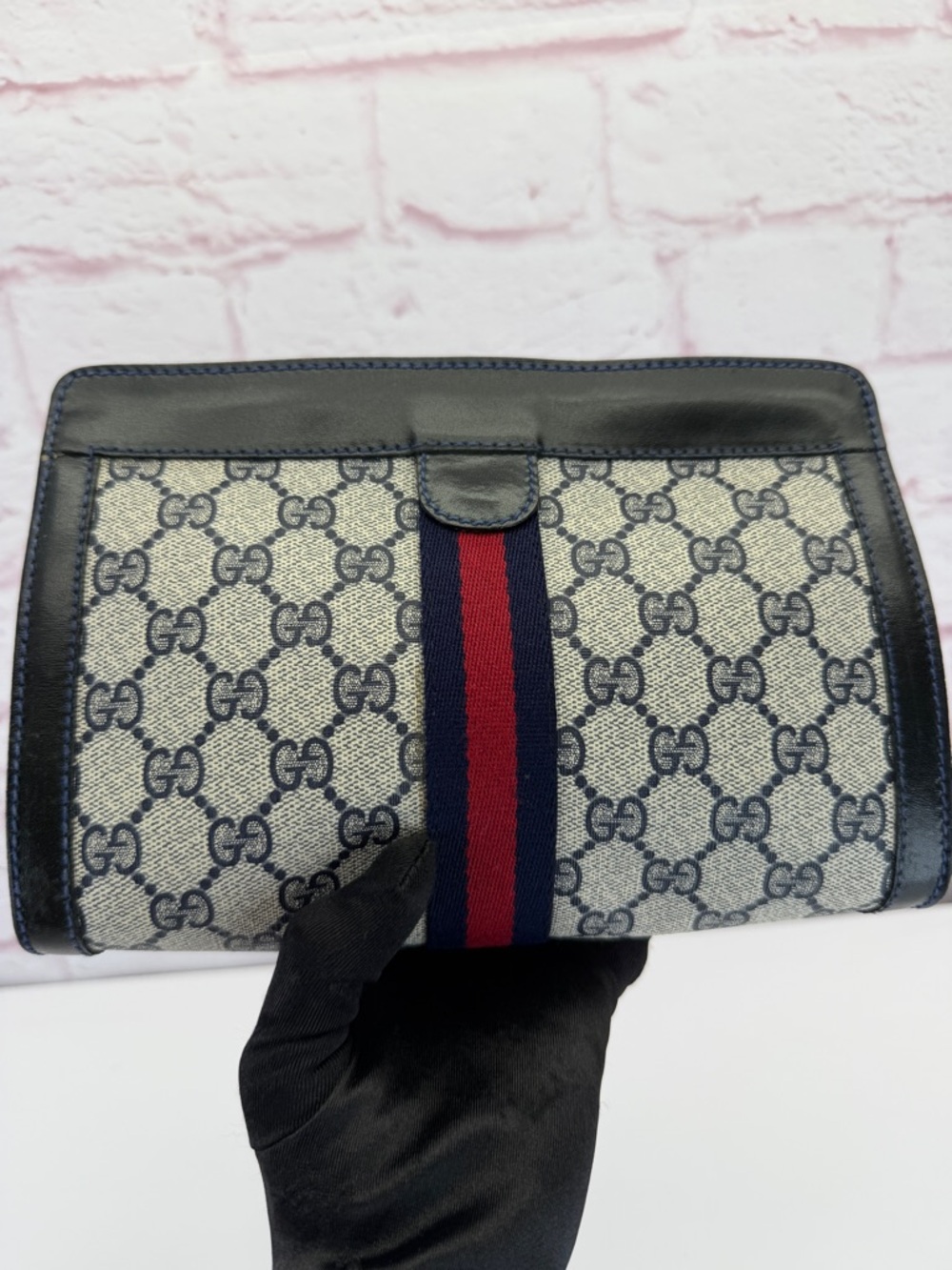Gucci Vintage Sherry Line Navy-Red Stripe GG Supreme Canvas Clutch - Picture 11 of 11